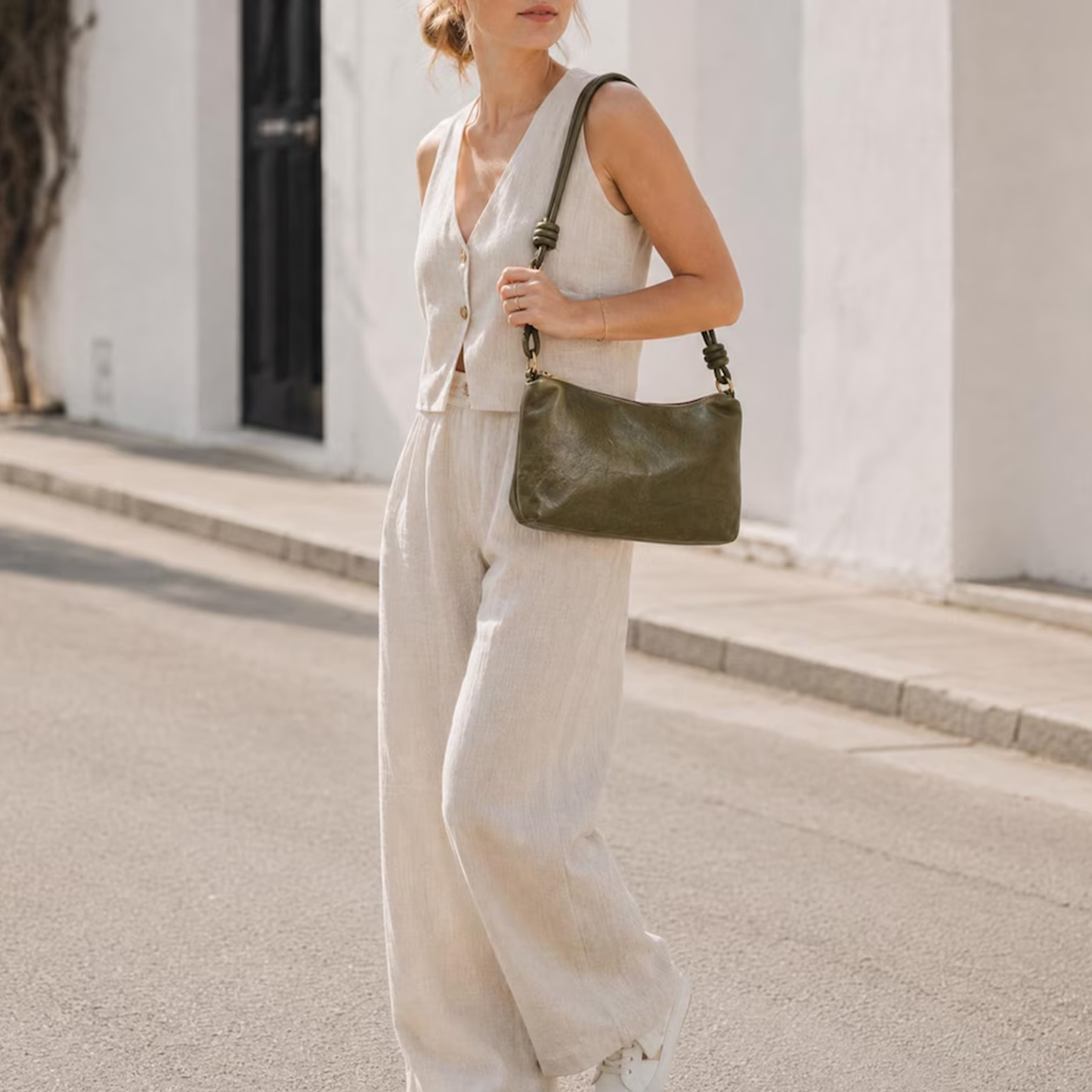 Muted Olive Green Soft Crescent Underarm Carry Pouch With Knotted Strap Junctions, Warm Metallic Ring Hardware And Horizontal Top Slide Seal