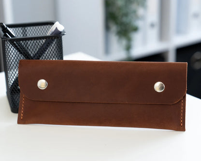 Rich Dark Brown Slim Flat Rectangular Snap Fastener Stationery Sleeve With Fine Side Edge Stitching And Overlapping Front Storage Flap