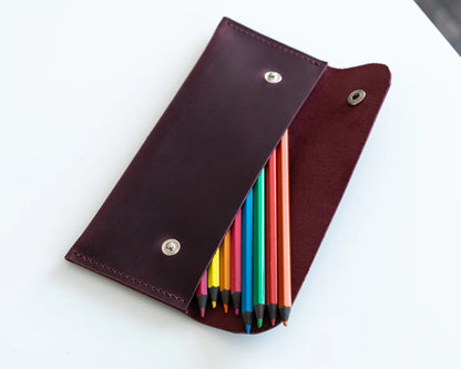 Rich Dark Brown Slim Flat Rectangular Snap Fastener Stationery Sleeve With Fine Side Edge Stitching And Overlapping Front Storage Flap