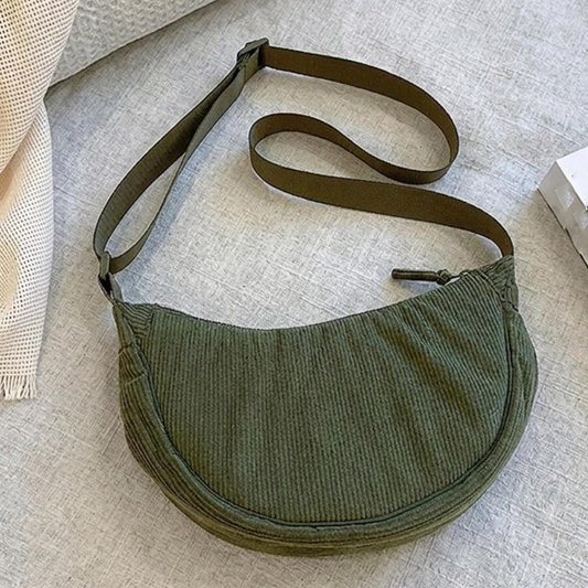 Muted Olive Green Ribbed Crescent Hobo Pouch With Horizontal Top Slide Closure And Wide Woven Shoulder Carry Strap Hardware