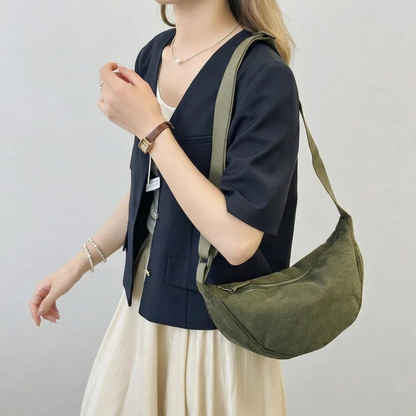 Muted Olive Green Ribbed Crescent Hobo Pouch With Horizontal Top Slide Closure And Wide Woven Shoulder Carry Strap Hardware