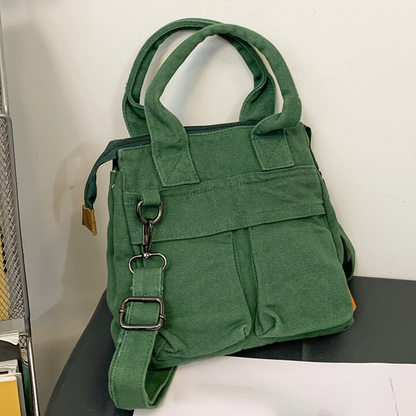 Dual Tone Compact Slouchy Fabric Carry Tote With Dual Front Divided Pockets, Short Top Loop Grips And Detachable Metal Hardware Shoulder Strap