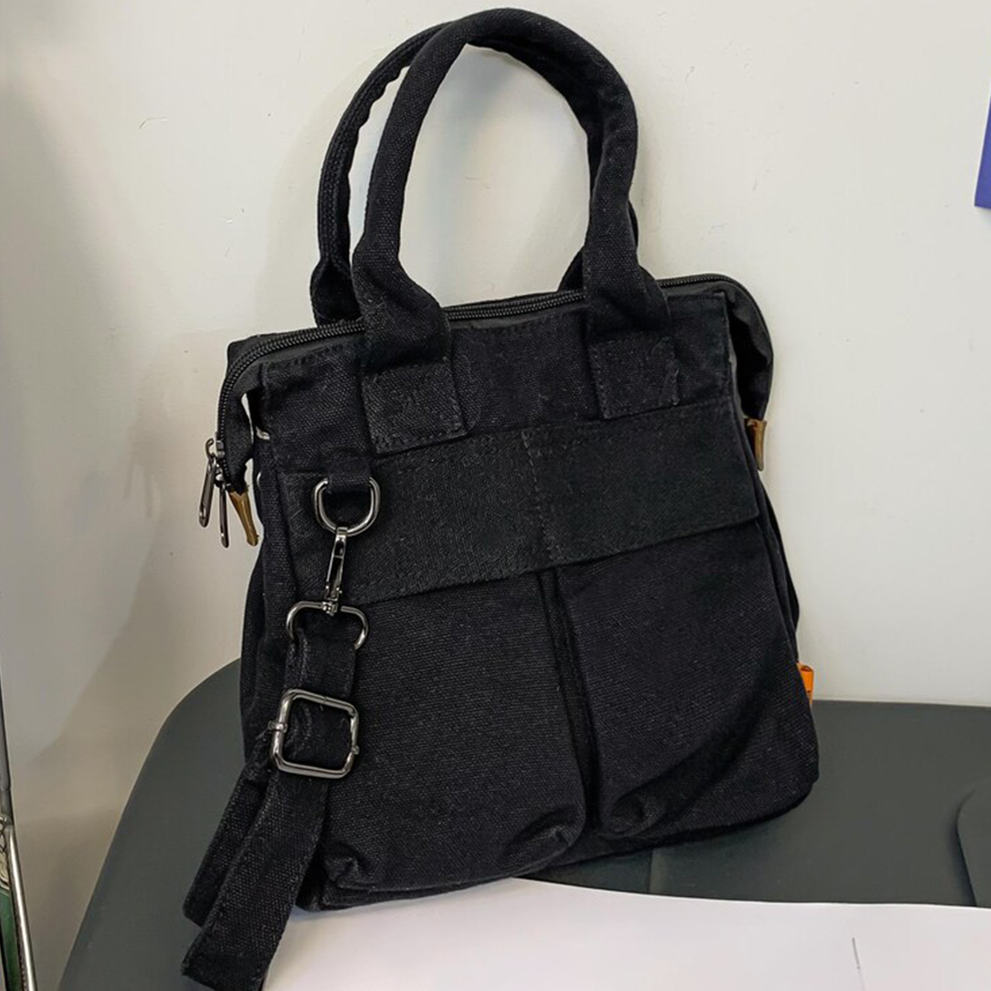 Dual Tone Compact Slouchy Fabric Carry Tote With Dual Front Divided Pockets, Short Top Loop Grips And Detachable Metal Hardware Shoulder Strap
