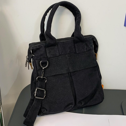 Dual Tone Compact Slouchy Fabric Carry Tote With Dual Front Divided Pockets, Short Top Loop Grips And Detachable Metal Hardware Shoulder Strap