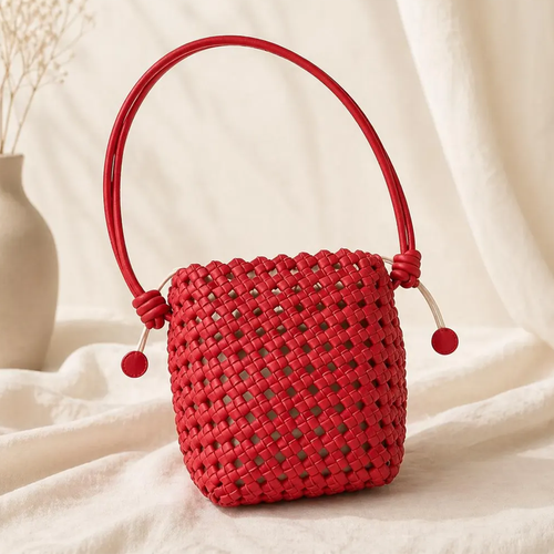 Vivid Scarlet Red Petite Grid Woven Bucket Pouch With Drawstring Disc Closure, Curved Short Hand Loop And Long Thin Wear Strap