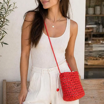 Vivid Scarlet Red Petite Grid Woven Bucket Pouch With Drawstring Disc Closure, Curved Short Hand Loop And Long Thin Wear Strap