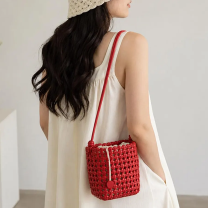 Vivid Scarlet Red Petite Grid Woven Bucket Pouch With Drawstring Disc Closure, Curved Short Hand Loop And Long Thin Wear Strap