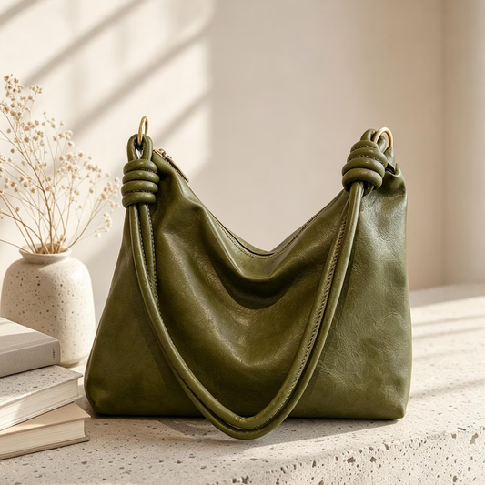 Muted Olive Green Soft Crescent Underarm Carry Pouch With Knotted Strap Junctions, Warm Metallic Ring Hardware And Horizontal Top Slide Seal