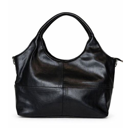 Sleek Solid Black Segmented Stitch Hobo Tote With Curved Integrated Top Grip And Side Metal Ring Attachment Hardware Handbag