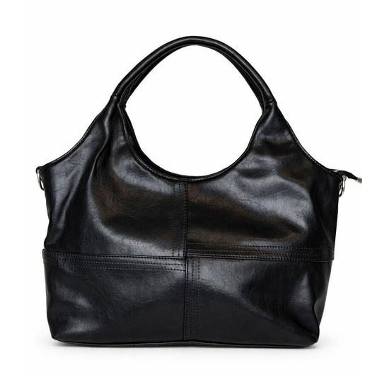 Sleek Solid Black Segmented Stitch Hobo Tote With Curved Integrated Top Grip And Side Metal Ring Attachment Hardware Handbag