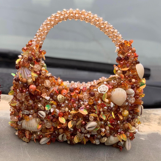 Warm Amber Golden Facet Beaded Mini Handbag With Mixed Seashell And Sequined Edge Embellishments, Fully Beaded Curved Loop Carry Handle