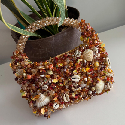 Warm Amber Golden Facet Beaded Mini Handbag With Mixed Seashell And Sequined Edge Embellishments, Fully Beaded Curved Loop Carry Handle