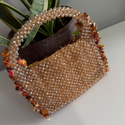 Warm Amber Golden Facet Beaded Mini Handbag With Mixed Seashell And Sequined Edge Embellishments, Fully Beaded Curved Loop Carry Handle