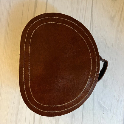 Rich Warm Brown Compact Oval Vintage Carry Case With Concentric Contrast Stitching, Antique Metal Latch Hardware And Single Curved Front Hand Grip