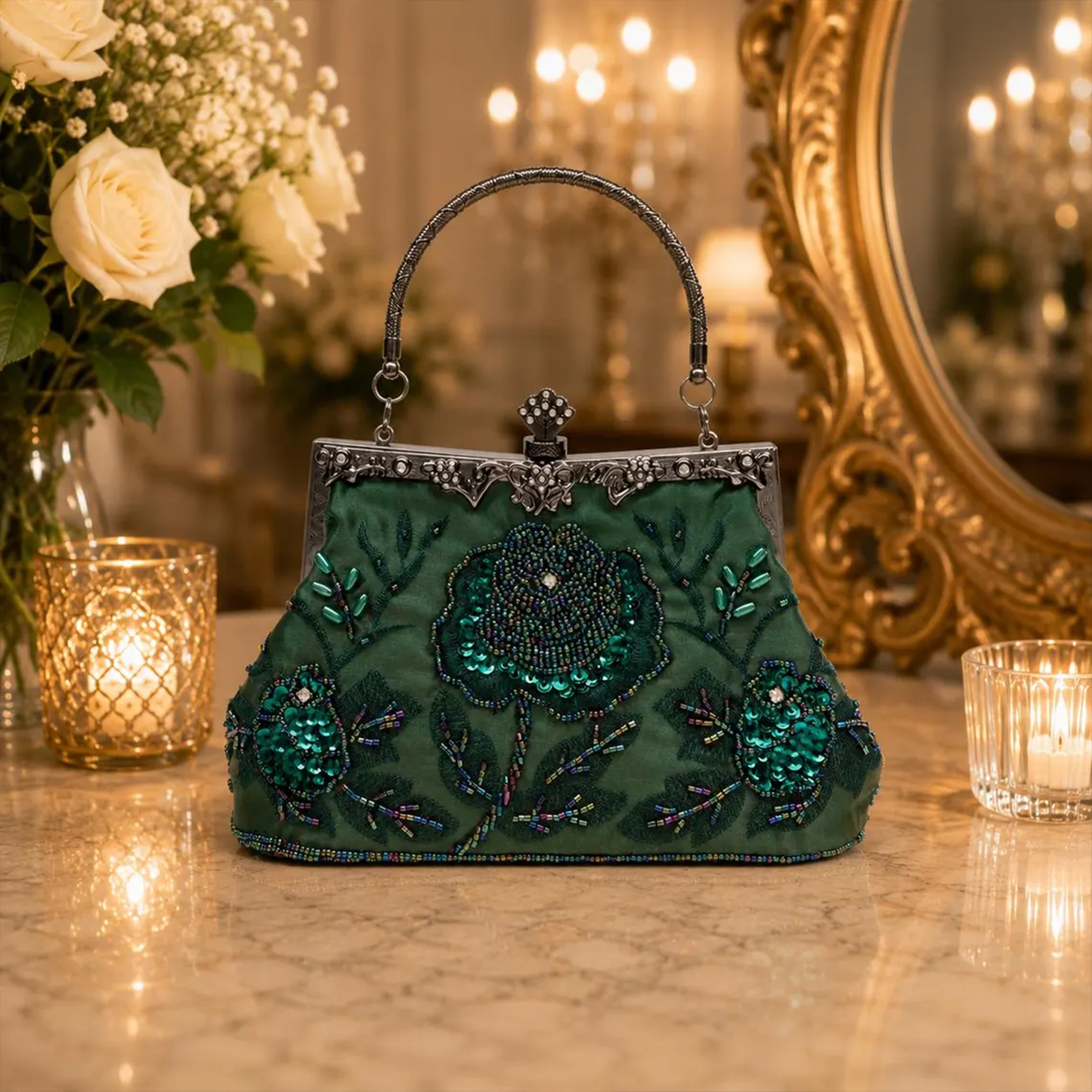 Rich Emerald Green Beaded Floral Kiss-Lock Frame Handbag With Antique Carved Metal Top Handle And Sequined Front Motif Detailing