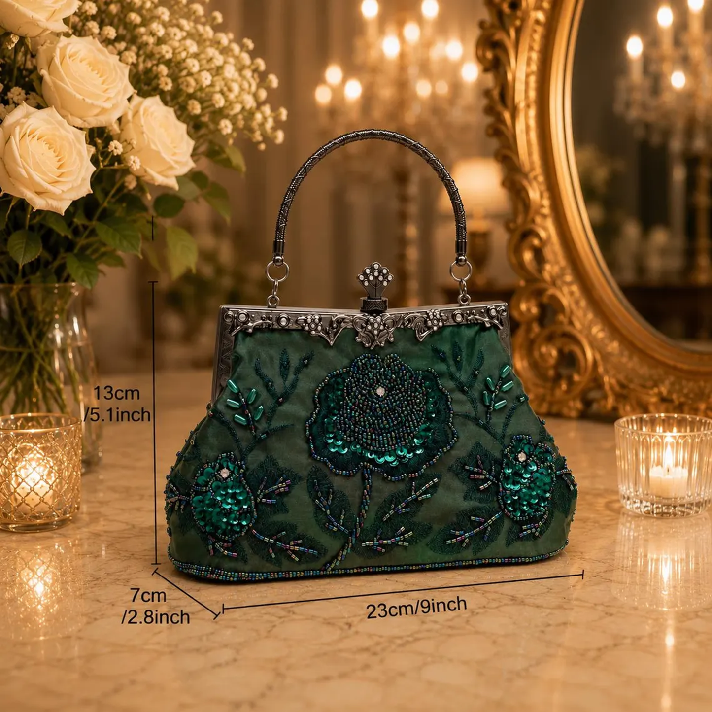 Rich Emerald Green Beaded Floral Kiss-Lock Frame Handbag With Antique Carved Metal Top Handle And Sequined Front Motif Detailing