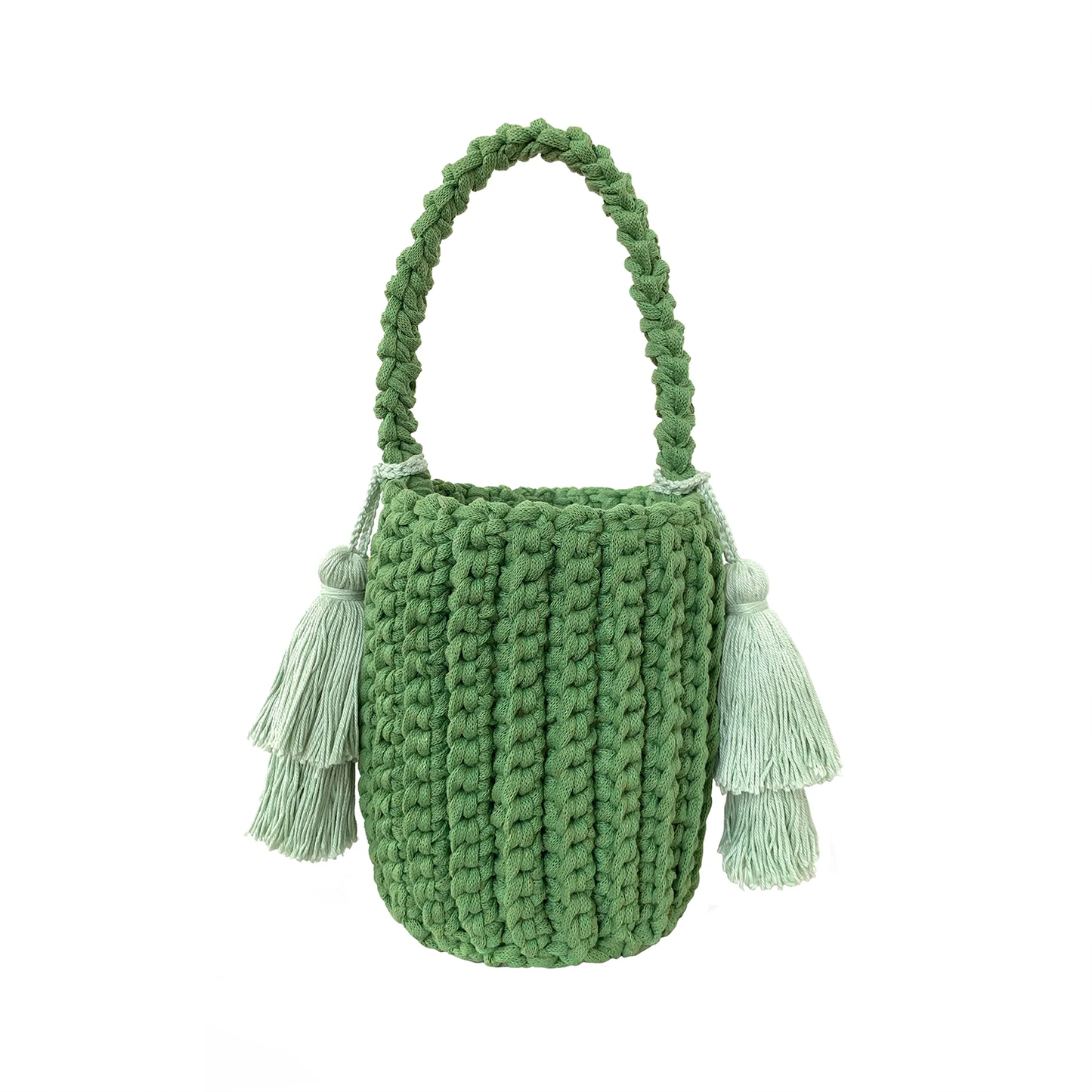 Multi-Tone Chunky Vertical Knit Compact Bucket Handbag With Braided Loop Handle And Dual Layer Fabric Tassel Side Embellishments Handbag