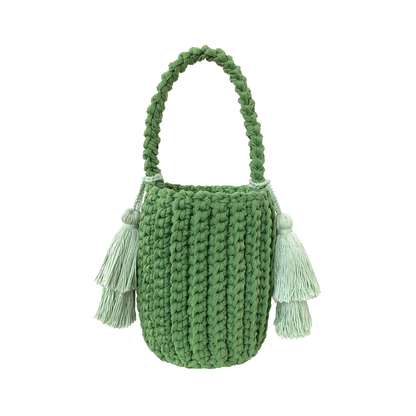 Multi-Tone Chunky Vertical Knit Compact Bucket Handbag With Braided Loop Handle And Dual Layer Fabric Tassel Side Embellishments Handbag