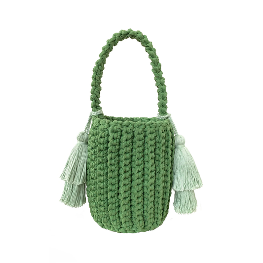 Multi-Tone Chunky Vertical Knit Compact Bucket Handbag With Braided Loop Handle And Dual Layer Fabric Tassel Side Embellishments Handbag