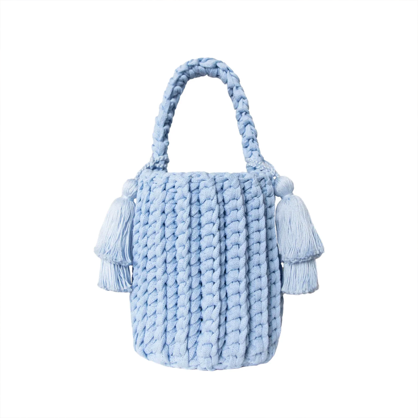 Multi-Tone Chunky Vertical Knit Compact Bucket Handbag With Braided Loop Handle And Dual Layer Fabric Tassel Side Embellishments Handbag