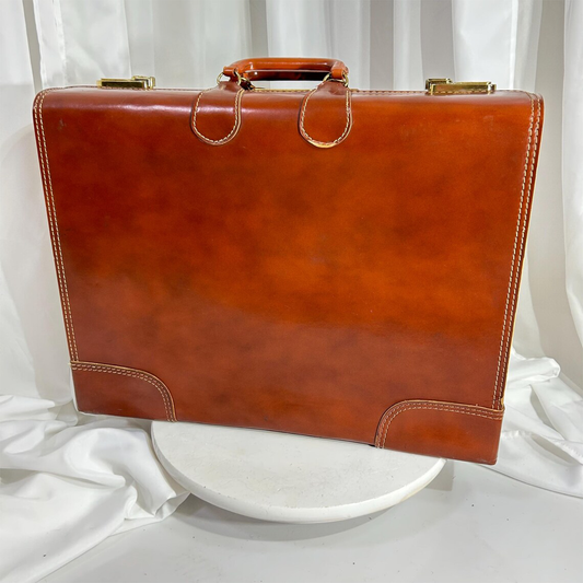 Chestnut Brown Rigid Rectangular Vintage Wardrobe Carry Case With Contrast Edge Stitching, Gold Dual Lock Hardware And Padded Top Carry Grip