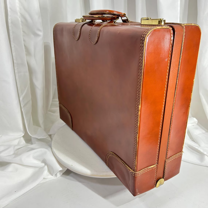 Chestnut Brown Rigid Rectangular Vintage Wardrobe Carry Case With Contrast Edge Stitching, Gold Dual Lock Hardware And Padded Top Carry Grip