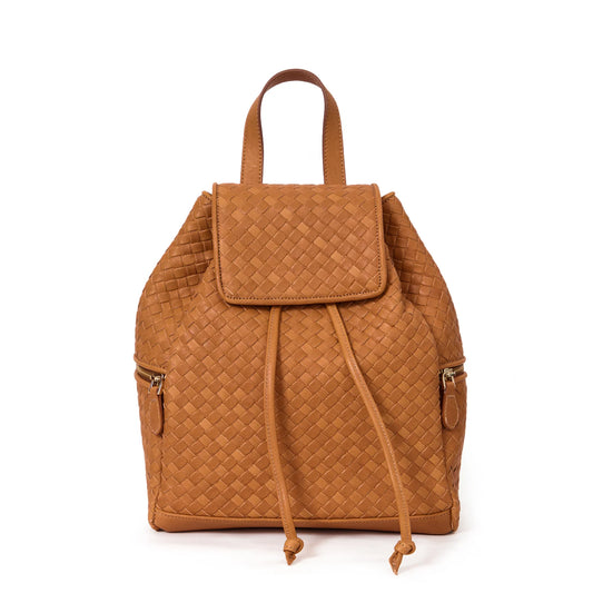 Warm Tan Brown Grid Woven Bucket Backpack With Fold Front Cover, Drawstring Main Seal And Dual Side Zipper Storage Pockets