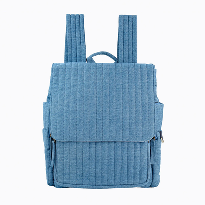 Soft Washed Light Blue Vertical Quilted Fold Flap Backpack With Floral Pattern Inner Lining, Multi Zippered Side Storage Compartments And Wide Quilted Rear Shoulder Straps