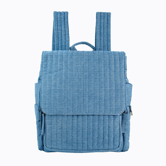Soft Washed Light Blue Vertical Quilted Fold Flap Backpack With Floral Pattern Inner Lining, Multi Zippered Side Storage Compartments And Wide Quilted Rear Shoulder Straps