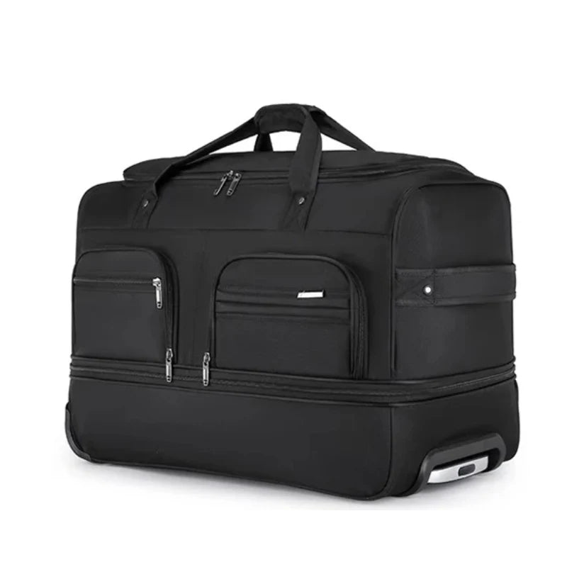 Jet Black Expandable Rectangular Rolling Travel Carryall With Multi External Zipper Pockets, Dual Top Grip Handles And Base Rolling Wheel Fixtures