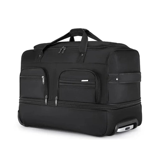 Jet Black Expandable Rectangular Rolling Travel Carryall With Multi External Zipper Pockets, Dual Top Grip Handles And Base Rolling Wheel Fixtures