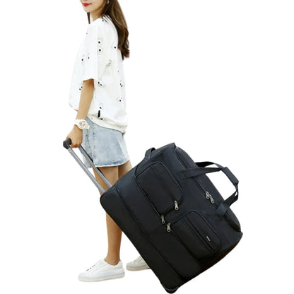 Jet Black Expandable Rectangular Rolling Travel Carryall With Multi External Zipper Pockets, Dual Top Grip Handles And Base Rolling Wheel Fixtures
