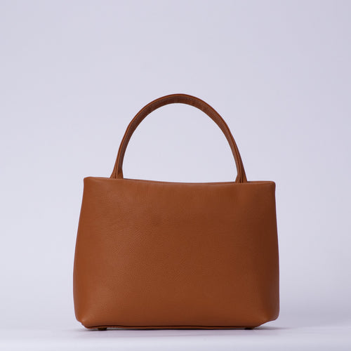 Warm Sienna Brown Pebbled Grain Minimalist Rectangular Top Handle Tote With Rounded Base Corners And Single Wide Integrated Carry Loop