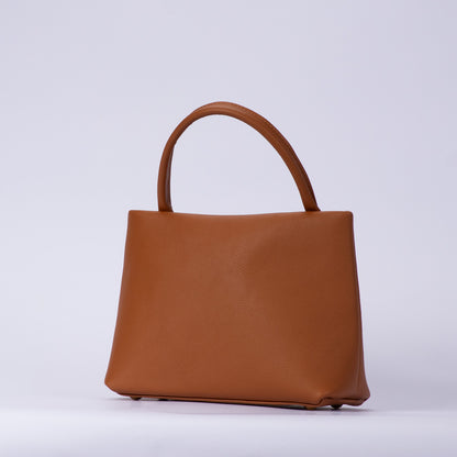 Warm Sienna Brown Pebbled Grain Minimalist Rectangular Top Handle Tote With Rounded Base Corners And Single Wide Integrated Carry Loop