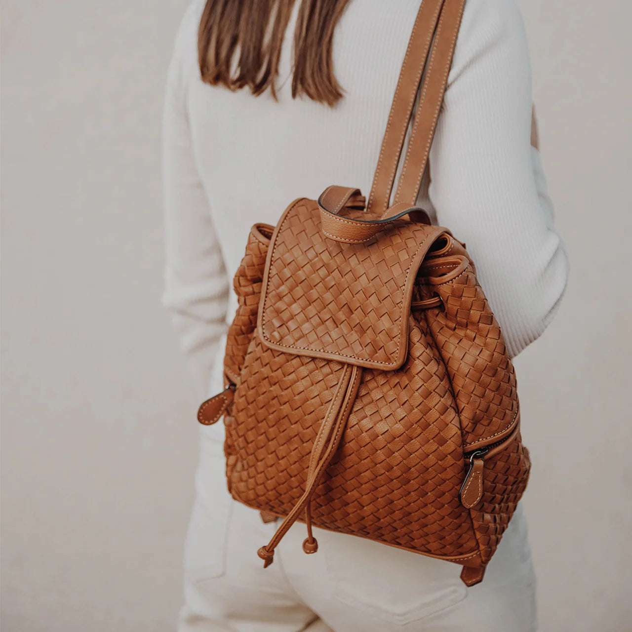 Warm Tan Brown Grid Woven Bucket Backpack With Fold Front Cover, Drawstring Main Seal And Dual Side Zipper Storage Pockets