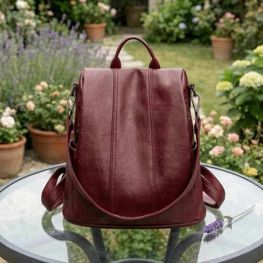 Deep Burgundy Compact Rounded Retro Rucksack With Vertical Central Stitching, Detachable Wear Strips And Short Top Carry Loop Backpack