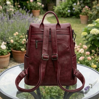 Deep Burgundy Compact Rounded Retro Rucksack With Vertical Central Stitching, Detachable Wear Strips And Short Top Carry Loop Backpack