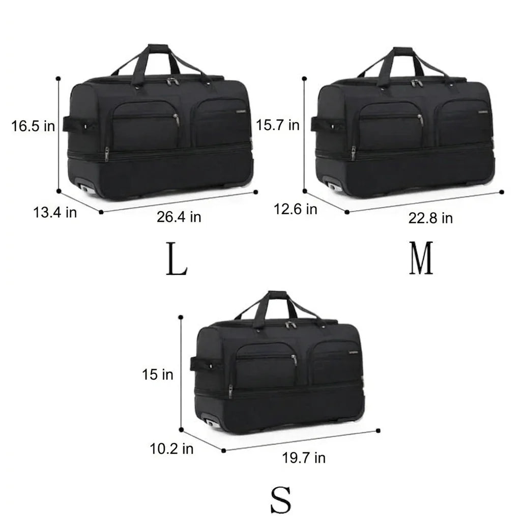 Jet Black Expandable Rectangular Rolling Travel Carryall With Multi External Zipper Pockets, Dual Top Grip Handles And Base Rolling Wheel Fixtures