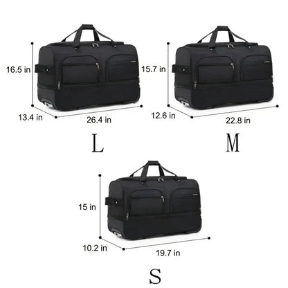 Jet Black Expandable Rectangular Rolling Travel Carryall With Multi External Zipper Pockets, Dual Top Grip Handles And Base Rolling Wheel Fixtures
